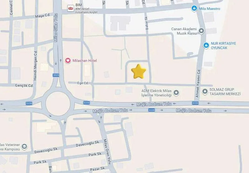 Proje konumunu yıldızla gösteren Milas Cumhuriyet Mahallesi haritası