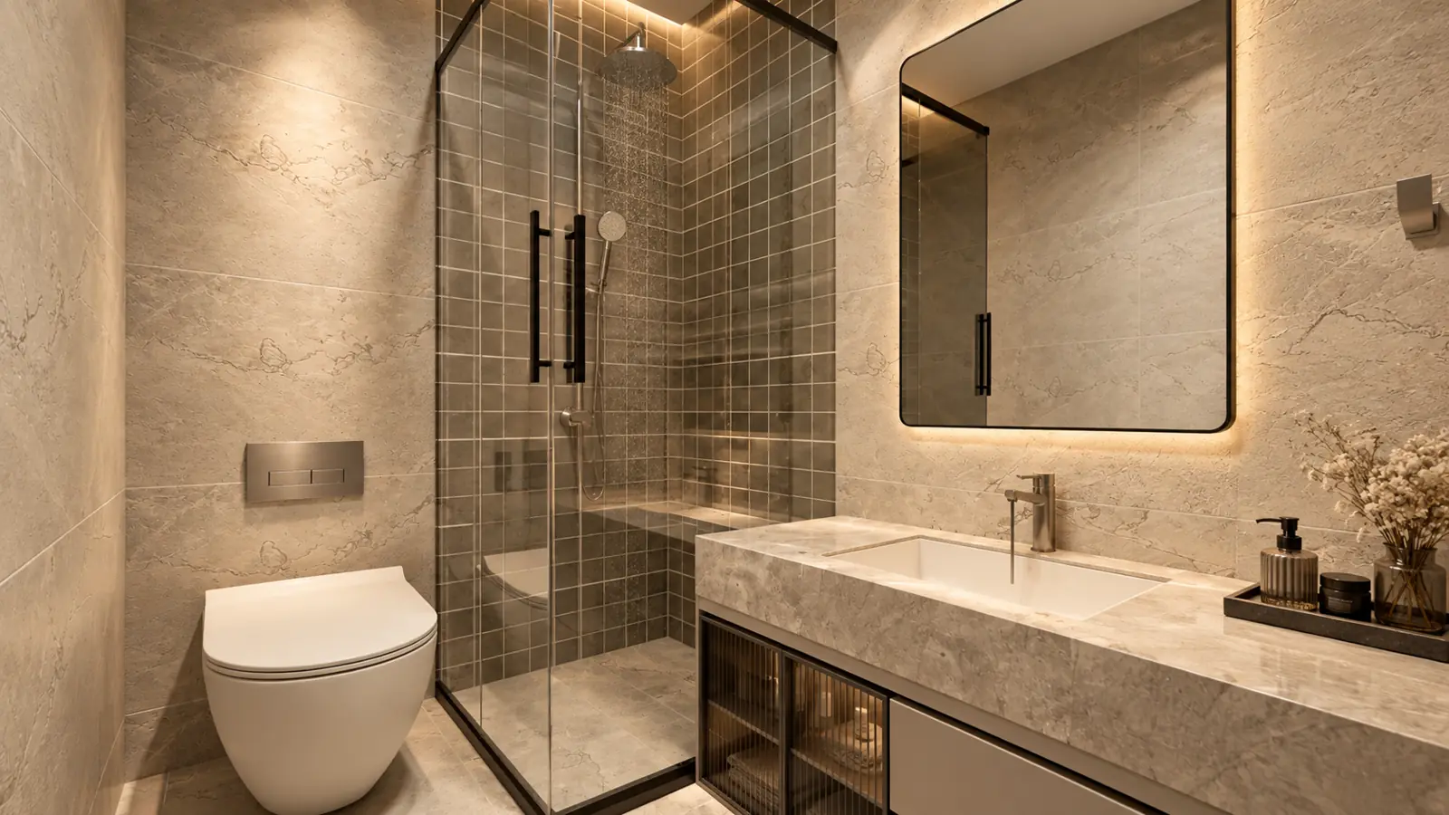 Cam duşakabinli, mermer tezgâhlı banyo