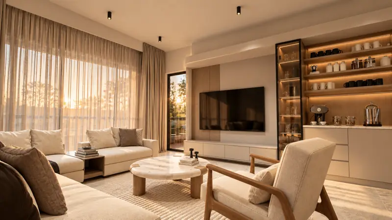 Perdeli geniş pencereli salon ve TV ünitesi