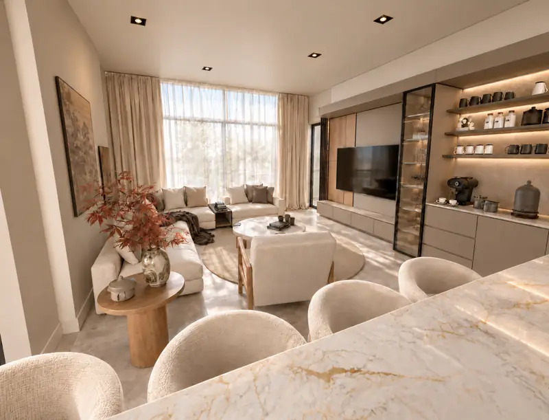 Mermer ada tezgâhtan salon görünümü