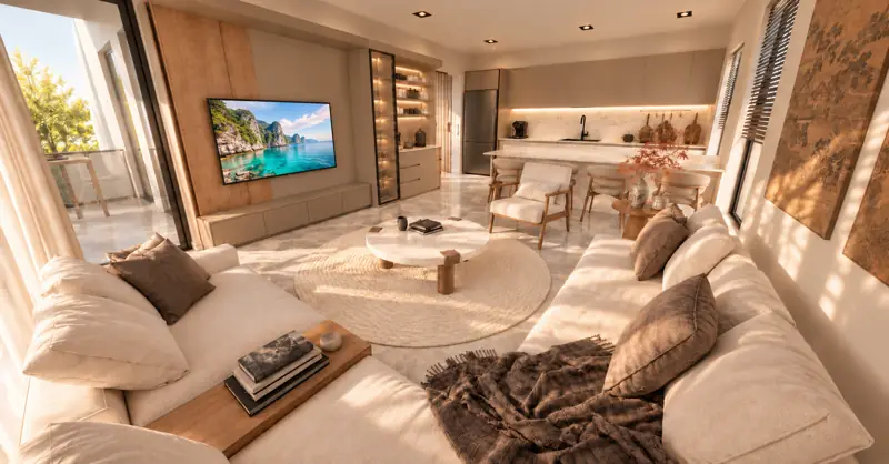 Köşe koltuk, TV ünitesi ve balkona açılan salon