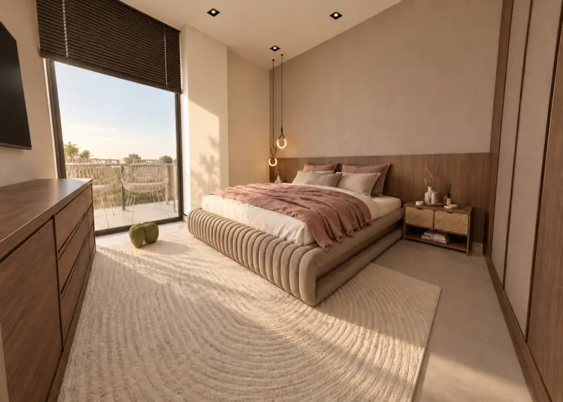 Gül kurusu tonlarda yatak odası ve balkon