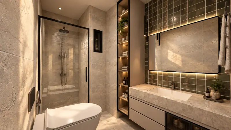 Cam duşakabinli banyo ve aydınlatmalı ayna