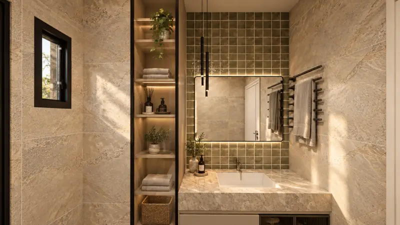 Banyo lavabo köşesi ve açık raflar