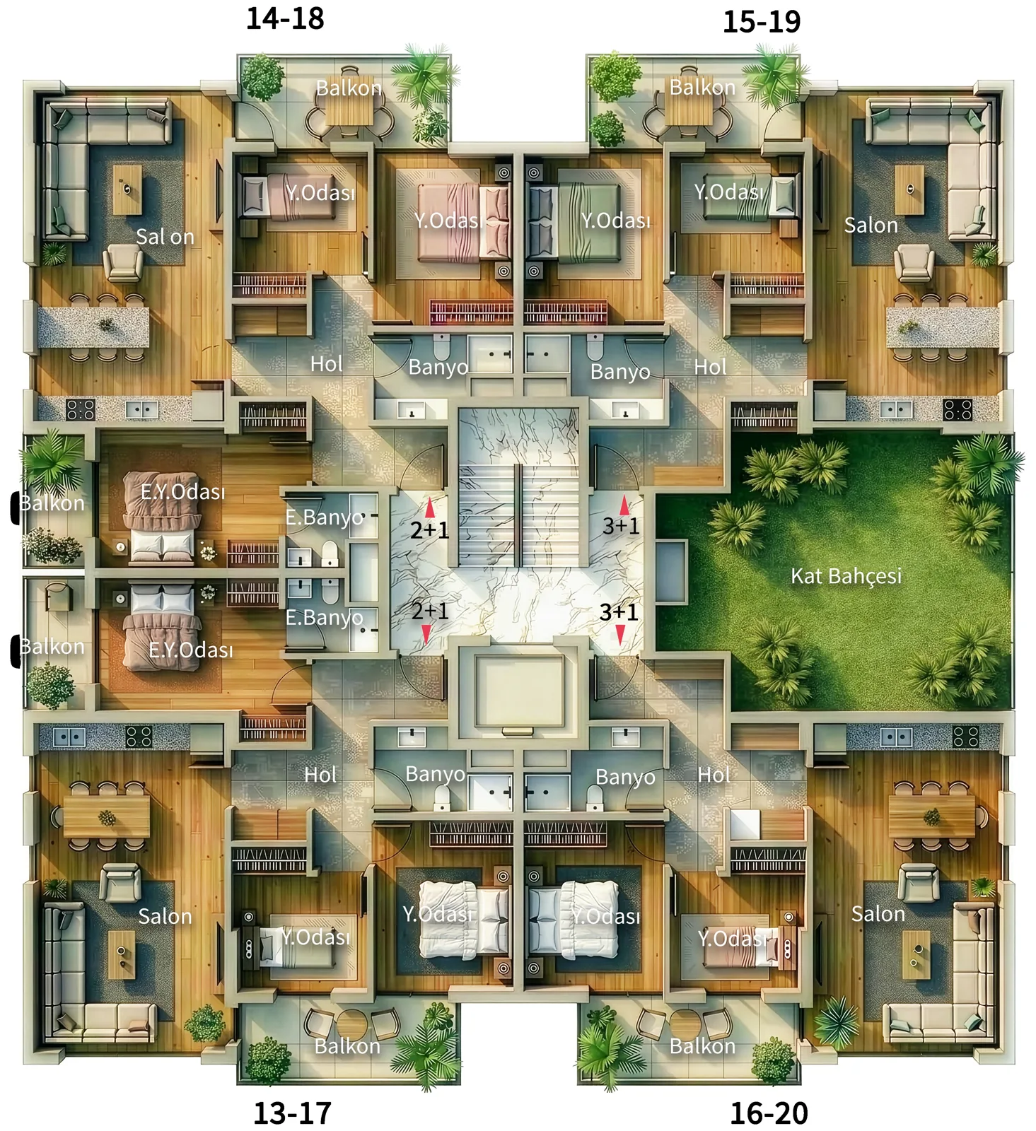 2+1 dairelerin ve ortak kat bahçesinin yer aldığı 4. ve 5. kat planı