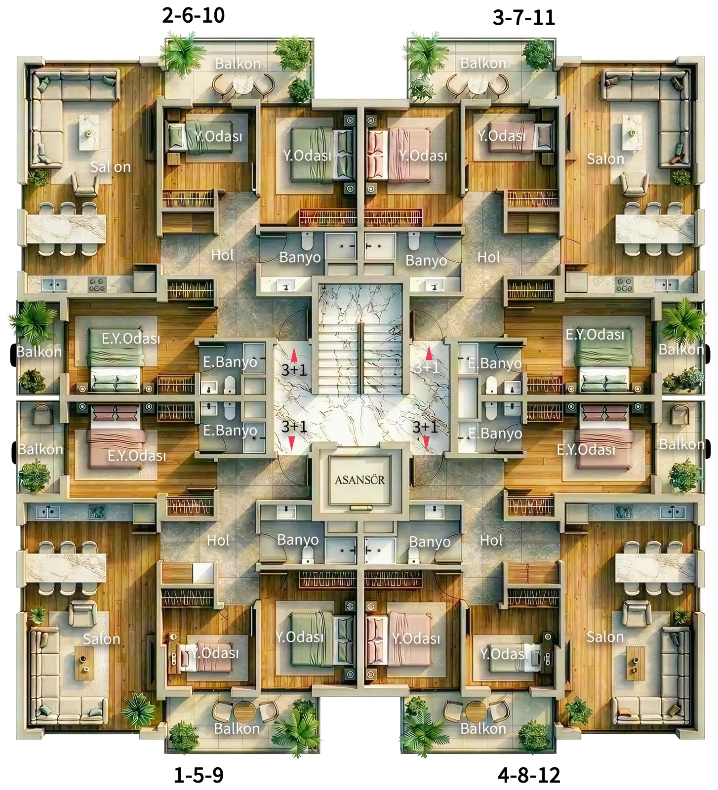 3+1 dairelerin yer aldığı 1., 2. ve 3. kat planı